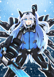 Rule 34 | &gt;:o, 10s, 1girl, :o, absurdres, arm up, armor, aura, black heart (neptunia), blue eyes, bodysuit, breasts, emblem, from below, gauntlets, gradient background, greaves, hair between eyes, hair ornament, headgear, highres, holding, holding weapon, honke ganso, legs apart, light particles, long hair, looking at viewer, magical girl, neptune (series), next black, noire (neptunia), open mouth, outline, power symbol, power symbol-shaped pupils, scouter, shin jigen game neptune vii, small breasts, solo, sword, symbol-shaped pupils, twintails, two side up, v-shaped eyebrows, very long hair, visor, weapon, white hair, wings