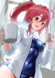 Rule 34 | 1girl, blush, borrowed clothes, breasts, coffee mug, cup, day, dorachan r, hair ribbon, highres, i-168 (kancolle), indoors, kantai collection, long hair, looking at another, medium breasts, mug, open mouth, ponytail, red eyes, red hair, ribbon, school swimsuit, shirt, smile, swimsuit, white shirt, window