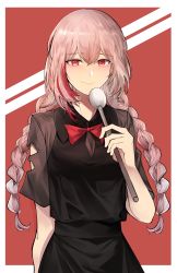 Rule 34 | 1girl, absurdres, alternate costume, alternate hairstyle, black dress, blush, bow, bowtie, braid, breasts, cizzi, closed mouth, collared dress, dress, girls&#039; frontline, hair between eyes, highres, holding, long hair, looking at viewer, m4 sopmod ii (girls&#039; frontline), medium breasts, multicolored hair, outside border, pink hair, red bow, red bowtie, red eyes, red hair, sidelocks, smile, solo, streaked hair, twin braids, upper body