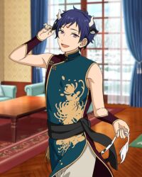 Rule 34 | 1boy, animal ears, bare shoulders, blue hair, carpet, chinese clothes, couch, cow boy, cow ears, cow horns, cow tail, cowboy shot, curtains, dark blue hair, dot nose, ensemble stars!, extra ears, facepaint, fingernails, fushimi yuzuru, happy elements, holding own tail, horns, indoors, looking at viewer, male focus, mandarin collar, mole, mole under eye, official art, open clothes, purple eyes, short bangs, short hair, sleeveless, solo, table, tail, third-party source, window, zodiac (ensemble stars!)