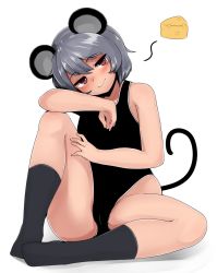 Rule 34 | 1girl, alternate costume, animal ears, black leotard, blush, breasts, cheese, colorized, food, full body, grey hair, grey socks, hair between eyes, half-closed eyes, head tilt, highres, hip focus, knee up, leotard, looking to the side, mouse ears, mouse tail, nazrin, oozon (ozon), outline, red eyes, short hair, simple background, sitting, small breasts, socks, solo, tail, thighs, touhou, white background