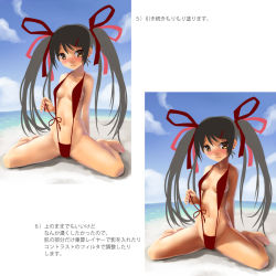Rule 34 | 1girl, beach, bikini, black hair, breasts, brown eyes, female focus, how to, katahira masashi, outdoors, sky, solo, swimsuit, translation request, twintails, variations, white background