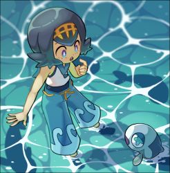 Rule 34 | 1girl, blue eyes, blue hair, blue pants, blue sailor collar, bright pupils, capri pants, commentary, creatures (company), day, english commentary, fish, freckles, game freak, gen 7 pokemon, hairband, hand up, highres, kurt robinson, lana (pokemon), nintendo, no sclera, one-piece swimsuit, open mouth, outdoors, pants, pokemon, pokemon (creature), pokemon sm, sailor collar, shirt, short hair, sleeveless, sleeveless shirt, standing, swimsuit, swimsuit under clothes, teeth, upper teeth only, wading, water, wave print, white pupils, white shirt, wishiwashi, wishiwashi (solo), yellow hairband