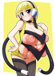 Rule 34 | 10s, 1girl, alternate color, armpits, bare shoulders, black thighhighs, blonde hair, blue eyes, breasts, choker, cleavage, collarbone, creatures (company), elesa (pokemon), extra breasts, female focus, game freak, gym leader, headphones, hip focus, huge areolae, huge breasts, huge nipples, jacket, legs, long hair, nintendo, nipples, open clothes, open jacket, pokemon, pokemon bw, puffy nipples, pussy, semahiro, shiny skin, simple background, solo, standing, thighhighs, uncensored