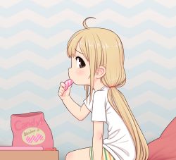 Rule 34 | 1girl, ahoge, blonde hair, blush, brown eyes, candy, child, closed mouth, eating, food, from side, futaba anzu, highres, holding, idolmaster, idolmaster cinderella girls, kionant, long hair, looking at viewer, looking to the side, low twintails, pillow, shirt, short sleeves, shorts, sideways glance, sitting, solo, striped clothes, striped shorts, twintails, very long hair, white shirt