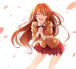Rule 34 | 10s, 1girl, :d, ^ ^, blazer, blush, bow, bowtie, brown hair, brown jacket, buttons, closed eyes, collared shirt, contrapposto, crying, hair intakes, happy, healther, holding, holding microphone, idolmaster, idolmaster cinderella girls, jacket, long hair, long sleeves, microphone, open mouth, petals, plaid, plaid skirt, pleated skirt, pocket, red bow, red bowtie, red skirt, shimamura uzuki, shirt, simple background, skirt, smile, solo, standing, teardrop, tears, very long hair, white background, white shirt