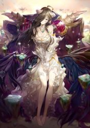 Rule 34 | 1girl, albedo (overlord), barefoot, blush, breasts, brown hair, choker, cleavage, dress, floating hair, full body, gloves, hair over one eye, head tilt, highres, horns, large breasts, long dress, long hair, looking at viewer, overlord (maruyama), own hands together, ruba (akiraoe 84), sleeveless, sleeveless dress, smile, solo, standing, torn clothes, torn dress, very long hair, white dress, white gloves, yellow eyes