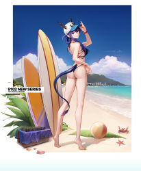 Rule 34 | 1girl, absurdres, adjusting clothes, adjusting headwear, arknights, ass, ball, bare arms, bare legs, bare shoulders, barefoot, baseball cap, beachball, bikini, blue hair, blue sky, breasts, ch&#039;en (arknights), ch'en (arknights), character name, chinese commentary, commentary request, crab, day, dragon horns, dragon tail, eyulam, female tourist c (arknights), full body, hand up, hat, highres, horns, horns through headwear, long hair, medium breasts, official alternate costume, shadow, sky, solo, standing, starfish, surfboard, swimsuit, tail, thighs, white hat