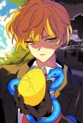 Rule 34 | 1boy, bbunny, black gloves, black jacket, blonde hair, egg, gloves, golden egg, holding, holding egg, jacket, limbus company, long sleeves, looking to the side, male focus, necktie, parted lips, project moon, red necktie, shaded face, shirt, sinclair (project moon), snake, solo, upper body, white shirt, wing collar, yellow eyes