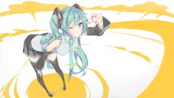 Rule 34 | 1girl, aqua eyes, female focus, fhang, hatsune miku, long hair, necktie, one eye closed, skirt, smile, solo, thighhighs, twintails, v, vocaloid, wink