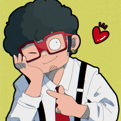Rule 34 | 1boy, afro, black hair, earrings, facial hair, franky franklin, glasses, hand up, heart, highres, jewelry, long sleeves, male focus, one eye closed, ouka (gegege 853suki), red-framed eyewear, shirt, sideburns, solo, spy x family, stubble, suspenders, upper body, white shirt, yellow background