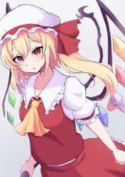 Rule 34 | 1girl, absurdres, ascot, blonde hair, cowboy shot, crystal, dress, flandre scarlet, hat, highres, open mouth, piyo to game, red dress, red eyes, red ribbon, ribbon, solo, touhou, yellow ascot