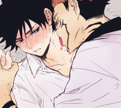 Rule 34 | 2boys, arm tattoo, black hair, blouse, blush, closed mouth, collarbone, collared shirt, commentary request, enuma ru, extra eyes, facial tattoo, full-face blush, fushiguro megumi, green eyes, hair between eyes, hand grab, hickey, japanese clothes, jujutsu kaisen, kimono, licking, licking another&#039;s neck, looking at another, lying, male focus, multicolored hair, multiple boys, neck tattoo, pink hair, red eyes, ryoumen sukuna (jujutsu kaisen), saliva, shirt, short hair, spiked hair, tattoo, tears, tongue, tongue out, two-tone hair, undercut, white kimono, white shirt, yaoi