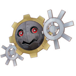 Rule 34 | 3d, creature, digimon, digimon (creature), digimon story: cyber sleuth, game model, gears, hagurumon, metal, no humans, official art, open mouth, red eyes, reflection, simple background, solo