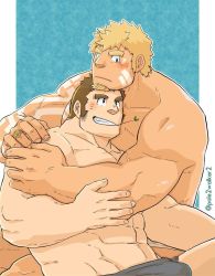Rule 34 | 2boys, arm tattoo, bandaid, bandaid on cheek, bandaid on face, bara, black male underwear, blonde hair, blush, briefs, bulge, chin rest, couple, dark-skinned male, dark skin, doga (f-kare), facial hair, goatee, hand on another&#039;s shoulder, head on head, head rest, highres, hug, jewelry, leopard (f-kare), long sideburns, male focus, male underwear, mature male, mint, multiple boys, muscular, muscular male, navel, navel hair, on person, pectoral pillow, pectorals, pole2walker2, ring, short hair, shoukan yuusha to f-kei kareshi, sideburns, smile, stubble, tattoo, thick eyebrows, topless male, underwear, underwear only, yaoi