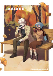 Rule 34 | 1boy, 1girl, absurdres, animal ears, animal nose, autumn, autumn leaves, bench, black choker, black gloves, black shirt, blonde hair, blue hair, body fur, brand new animal, brown fur, brown pants, brown skirt, brown sweater, choker, coat, cup, day, drinking, eating, food, furry, furry female, gloves, highres, holding, holding cup, holding food, kagemori michiru, leaf, long sleeves, ogami shirou, on bench, open clothes, open coat, outdoors, pants, park bench, raccoon ears, raccoon girl, raccoon tail, roasted sweet potato, shirt, short hair, sitting, skirt, sweater, sweet potato, tail, tanuki, totemonemuuui, tree
