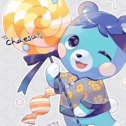 Rule 34 | animal crossing, animal focus, bear, black eyes, bluebear (animal crossing), candy, chinese clothes, commission, floral print, food, grey background, hideko (l33l3b), highres, holding, holding candy, holding food, holding lollipop, lollipop, nintendo, no humans, one eye closed, open mouth, patterned background, smile, solo, upper body, wrapped candy