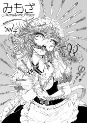 Rule 34 | 1girl, braid, breasts, cleavage, dress, eyelashes, gloves, greyscale, hair in own mouth, hair ribbon, izayoi sakuya, knife, maid, maid headdress, monochrome, open mouth, ribbon, scissors, solo, spoon, takatora, too many, too many knives, touhou, twin braids