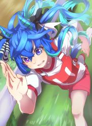 Rule 34 | 1girl, @ @, ahoge, animal ears, blue eyes, blue hair, clenched teeth, commentary request, crossed bangs, day, green hair, hair between eyes, hair ribbon, heterochromia, highres, horse ears, horse girl, horse tail, multicolored hair, outdoors, purple eyes, red shorts, red vest, ribbon, running, sharp teeth, shirt, short sleeves, shorts, sidelocks, solo, streaked hair, sweat, tail, teeth, thin (suzuneya), twin turbo (umamusume), twintails, two-tone hair, umamusume, v-shaped eyebrows, vest, white shirt