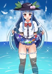 Rule 34 | 1girl, akizuki (akizuki71), blue hair, casual peeing, cleft of venus, clothes lift, highres, hinanawi tenshi, lifting own clothes, looking at viewer, outdoors, panties, panty pull, peeing, peeing self, public indecency, purposeful wetting, pussy, red eyes, skirt, skirt lift, solo, standing, touhou, uncensored, underwear, water