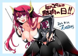 Rule 34 | 10s, 1girl, bare shoulders, bent over, bespectacled, black dress, border, breasts, bridal gauntlets, cleavage, dated, demon girl, dress, elbow gloves, gem, glasses, gloves, hair intakes, hair over shoulder, horns, huge breasts, impossible clothes, impossible dress, ishida akira, jewelry, long hair, maou (maoyuu), maoyuu maou yuusha, pince-nez, pink eyes, pointer, promotional art, red hair, ring, simple background, slit pupils, solo, strapless, strapless dress, teacher, translation request