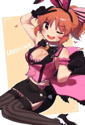 Rule 34 | 1girl, abe nana, animal ears, bad id, bad twitter id, black footwear, black gloves, black skirt, black thighhighs, blush, bow, breasts, brown eyes, cleavage, clenched hand, fake animal ears, gloves, graphite (medium), high heels, highres, idolmaster, idolmaster cinderella girls, korean commentary, medium breasts, mg pong, one eye closed, open mouth, orange hair, rabbit ears, simple background, skirt, sleeveless, solo, striped clothes, striped thighhighs, sweat, thighhighs, traditional media, two-tone background, v