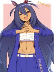 Rule 34 | 1girl, :d, abs, animal ears, belt, blue hair, blue jacket, blue skirt, breasts, cleavage, clothes writing, collarbone, commentary request, cowboy shot, dark-skinned female, dark skin, ear ornament, ear scrunchie, fang, groin, hair between eyes, hair ornament, hairclip, head tilt, highres, hishi amazon (umamusume), horse ears, horse girl, jacket, large breasts, long hair, long jacket, long skirt, looking at viewer, midriff, navel, open clothes, open jacket, open mouth, red eyes, red scrunchie, sarashi, scrunchie, shanghai kani, shanghai kani, sidelocks, skin fang, skirt, smile, solo, standing, tokkoufuku, translation request, twitter username, two side up, umamusume, very long hair, white belt