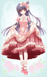 Rule 34 | 1girl, adapted costume, alternate costume, alternate hairstyle, blush, bow, clothes lift, curtsey, dress, dress lift, embellished costume, female focus, floral background, floral print, flower, frilled dress, frilled gloves, frilled socks, frills, full body, gloves, hair bow, hair flower, hair ornament, head tilt, highres, houraisan kaguya, lolita fashion, long hair, long skirt, looking at viewer, one side up, pink dress, pink eyes, pink flower, pink rose, puffy sleeves, purple hair, red dress, red footwear, rose, rose print, seidou (tukinomiyako), shoes, short sleeves, simple background, skirt, skirt hold, smile, socks, solo, standing, sweet lolita, too many, touhou, very long hair, white gloves, wrist cuffs