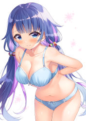Rule 34 | 1girl, absurdres, adjusting bra, adjusting clothes, armpits, blue bra, blue eyes, blue hair, blue panties, blush, bow, bow bra, bow panties, bra, braid, breasts, character request, cleavage, collarbone, commission, embarrassed, hair ornament, highres, leaning forward, long hair, looking at viewer, medium breasts, navel, panties, shiono (0303), shironeko project, simple background, underwear, underwear only, white background