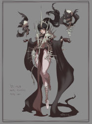Rule 34 | 1girl, absurdres, armor, barefoot, black hair, bone, border, brown gloves, cleavage cutout, closed mouth, clothing cutout, covered navel, fingernails, floating, floating hair, frown, gloves, highres, kim eul bong, long hair, long sleeves, original, pauldrons, ponytail, red lips, ribs, see-through, see-through silhouette, sharp fingernails, shoulder armor, signature, silhouette, sketch, skull, slit pupils, turtleneck, wide sleeves, yellow eyes