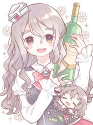 Rule 34 | 1girl, blush, bodice, bottle, bow, bowtie, brown eyes, chibi, closed eyes, commentary, cup, drinking glass, floral background, grey hair, hair between eyes, hat, highres, holding, kantai collection, mini hat, nada namie, open mouth, pola (kancolle), red bow, red bowtie, shirt, smile, solo, thick eyebrows, upper body, wavy hair, white background, white hat, white shirt, wine bottle, wine glass