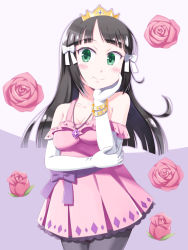 Rule 34 | 1girl, artist name, artist request, bare shoulders, black hair, black legwear, blunt bangs, bow, bracelet, breasts, cleavage, collarbone, crown, dress, dress bow, female focus, flower, gloves, gold bracelet, green eyes, grey background, hair bow, hand on elbow, highres, hime cut, jewelry, kurosawa dia, long hair, looking at viewer, love live!, love live! sunshine!!, medium breasts, miniskirt, mole, mole under mouth, necklace, pink dress, pink flower, pink skirt, plaid, plaid dress, plaid skirt, pleated, pleated dress, pleated skirt, purple bow, skirt, solo, white background, white bow, white gloves, yellow bracelet