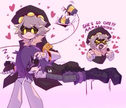 Rule 34 | &gt; &lt;, 1boy, 1girl, beanie hat, blush, choker, coat, glitch productions, hat, highres, murder drones, n (murder drones), purple eyes, purple hair, robot, sitting, size difference, sleeping, sleeping on lap, sleeping on person, tail, uzi (murder drones)