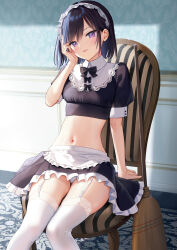 Rule 34 | 1girl, apron, black hair, broom, chair, frills, garter straps, highres, indoors, looking at viewer, maid, midriff, mignon, navel, original, panties, puffy short sleeves, puffy sleeves, purple eyes, sarah-san (mignon), short hair, short sleeves, simple background, sitting, skirt, smile, solo, stomach, striped, striped chair, thighhighs, underwear, waist apron