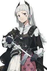 Rule 34 | 1girl, ammunition belt, arknights, black gloves, black jacket, capelet, closed mouth, drawdrawdeimos, gloves, grey eyes, grey hair, head wings, highres, holding, holding sword, holding weapon, irene (arknights), jacket, long hair, looking at viewer, rapier, scar, scar across eye, sheath, simple background, smile, solo, sword, unsheathing, weapon, white background, white capelet, wings