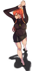 Rule 34 | 1girl, 2015, arms up, cross, cross necklace, from above, hair over one eye, jewelry, necklace, parasoul (skullgirls), profile, red hair, skirt, skullgirls, solo, sweater, tanakalma, turtleneck, turtleneck sweater, white background, yellow eyes