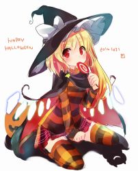 Rule 34 | 1girl, alternate costume, blonde hair, candy, cape, dated, flandre scarlet, food, halloween costume, happy halloween, hat, lollipop, red eyes, sen1986, shirt, short hair, side ponytail, sketch, skirt, solo, star (symbol), striped clothes, striped thighhighs, t-shirt, thighhighs, touhou, wings, witch hat