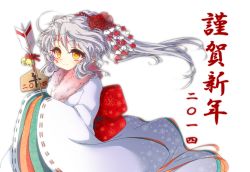Rule 34 | 10s, 1girl, 2014, alternate costume, alternate eye color, arrow (projectile), bell, ema, floral print, flower, fur trim, hair flower, hair ornament, hands in opposite sleeves, happy new year, japanese clothes, jingle bell, kamome, kimono, long hair, looking away, mononobe no futo, new year, no headwear, obi, ponytail, sash, silver hair, simple background, smile, solo, touhou, white background, wind, yellow eyes