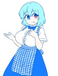 1girl :p alternate_costume apron blue_apron blue_bow blue_bowtie blue_eyes blue_hair blue_skirt bow bowtie breast_suppress breasts button_gap buttons cleavage closed_mouth commentary cowboy_shot gingham_apron heterochromia kobeya_uniform large_breasts looking_at_viewer onkn_sxkn red_eyes shirt short_hair short_sleeves simple_background skirt smile solo tatara_kogasa tongue tongue_out touhou white_background white_shirt