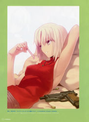 Rule 34 | 00s, 1girl, 428, 2009, arm behind head, arm up, armpits, bare shoulders, bed sheet, breasts, bullet, canaan (character), canaan (series), female focus, fingernails, framed, gun, hair between eyes, highres, holding, jewelry, long image, looking away, lying, official art, on back, pants, parted lips, pendant, reclining, red shirt, scan, shadow, shirt, short hair, simple background, sleeveless, sleeveless shirt, solo, takeuchi takashi, tall image, text focus, turtleneck, type-moon, upper body, weapon, white background, white eyes, white hair