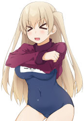 Rule 34 | &gt; &lt;, 1girl, :d, > <, blonde hair, blush, breasts, clothes lift, commentary request, covered navel, facing viewer, hair between eyes, hinata masaki, lifting own clothes, long hair, medium breasts, minagi koharu, name tag, old school swimsuit, open mouth, purple sweater, school swimsuit, simple background, slow loop, smile, solo, sweater, sweater lift, swimsuit, swimsuit under clothes, two side up, undressing, v-shaped eyebrows, very long hair, white background, xd