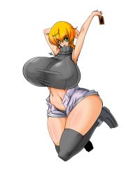 Rule 34 | 1girl, arms up, blonde hair, blush, breasts, card, curvy, gigantic breasts, green eyes, jumping, looking at viewer, navel, open mouth, solo, sweater, thick thighs, thighhighs, thighs, wide hips, yu-gi-oh!