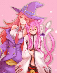 Rule 34 | 2girls, animal ears, arc system works, bare shoulders, bell, belt, blazblue, blazblue phase 0, cat ears, cat tail, family, glasses, hair over one eye, hat, kokonoe (blazblue), konoe a. mercury, long hair, midriff, mother and daughter, multiple girls, multiple tails, navel, necktie, pince-nez, pink hair, ponytail, red hair, smile, tail, time paradox, witch hat, yamo, yamo (sky2world), yellow eyes
