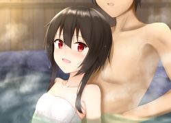 Rule 34 | 1boy, 1girl, :d, bath, blush, breasts, brown hair, collarbone, commentary, fence, front to back, head out of frame, hetero, highres, kono subarashii sekai ni shukufuku wo!, kuronuketaiyo, light blush, looking back, megumin, mixed-sex bathing, naked towel, onsen, open mouth, parted lips, partially immersed, satou kazuma, shared bathing, short hair, short hair with long locks, small breasts, smile, steam, stone, sweat, sweatdrop, towel, upper body, wet, wet hair, wooden fence