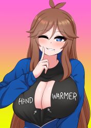 Rule 34 | 1girl, absurdres, blue eyes, blue sweater, breasts, brown hair, cleavage, cleavage cutout, clothes writing, clothing cutout, highres, large breasts, long hair, mole, mole under mouth, multicolored background, naughty face, one eye closed, original, smile, sweater, the only shoe, tisha tsuu