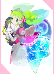 Rule 34 | 1girl, bow, castle, colored eyelashes, commentary request, dress, drill hair, elbow gloves, expressionless, falulu, floating hair, flower, frilled skirt, frills, gears, gloves, green hair, grey eyes, hands up, headphones, idol clothes, layered skirt, long hair, looking at viewer, moudoku (decopon3rd), pink dress, pretty series, pripara, puffy short sleeves, puffy sleeves, red flower, red rose, rose, short sleeves, sidelocks, skirt, snowflakes, solo, standing, tiara, twin drills, twintails, white bow, white gloves, winding key