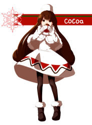 Rule 34 | 1girl, asd13, bad id, bad pixiv id, black pantyhose, blush, brown eyes, brown hair, capelet, character name, cocoa cookie, cookie run, cup, dress, full body, gloves, hat, highres, long hair, mug, pantyhose, solo, very long hair, white dress, white gloves