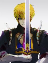 Rule 34 | 1boy, belt, black shirt, blonde hair, blood, blood in hair, blood on clothes, blood on face, blue eyes, closed mouth, durandal (fate), elbow gloves, fate/grand order, fate (series), gloves, hair between eyes, highres, holding, holding sword, holding weapon, looking at viewer, male focus, necktie, one eye covered, pink necktie, roland (fate), serious, shirt, short hair, simple background, solo, sword, upper body, uro (kyoka315), weapon, white background, white belt, white gloves
