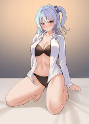 Rule 34 | 1girl, :o, absurdres, bang dream!, bare legs, barefoot, bed sheet, black bra, black panties, blue bow, blue hair, blush, bow, bra, breasts, brown background, cameltoe, cleavage, collarbone, collared shirt, commentary request, full body, gluteal fold, gradient background, grey background, hair bow, highres, kneeling, large breasts, long hair, looking at viewer, matsubara kanon, navel, no pants, one side up, open clothes, open shirt, panties, parted lips, ptal, purple eyes, raised eyebrows, shirt, sidelocks, sleeves past wrists, solo, stomach, underwear, white shirt