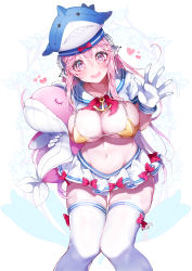 Rule 34 | 1girl, absurdres, bikini, breasts, cleavage, clothes lift, collarbone, commentary request, from above, gloves, head tilt, headphones, heart, highres, holding, kanola u, large breasts, long hair, looking at viewer, navel, nitroplus, open mouth, pink eyes, pink hair, pleated skirt, sailor collar, salute, school uniform, serafuku, shirt lift, sitting, skirt, smile, solo, stuffed animal, stuffed toy, super sonico, swimsuit, thigh gap, thighhighs, white gloves, white skirt, white thighhighs, zettai ryouiki
